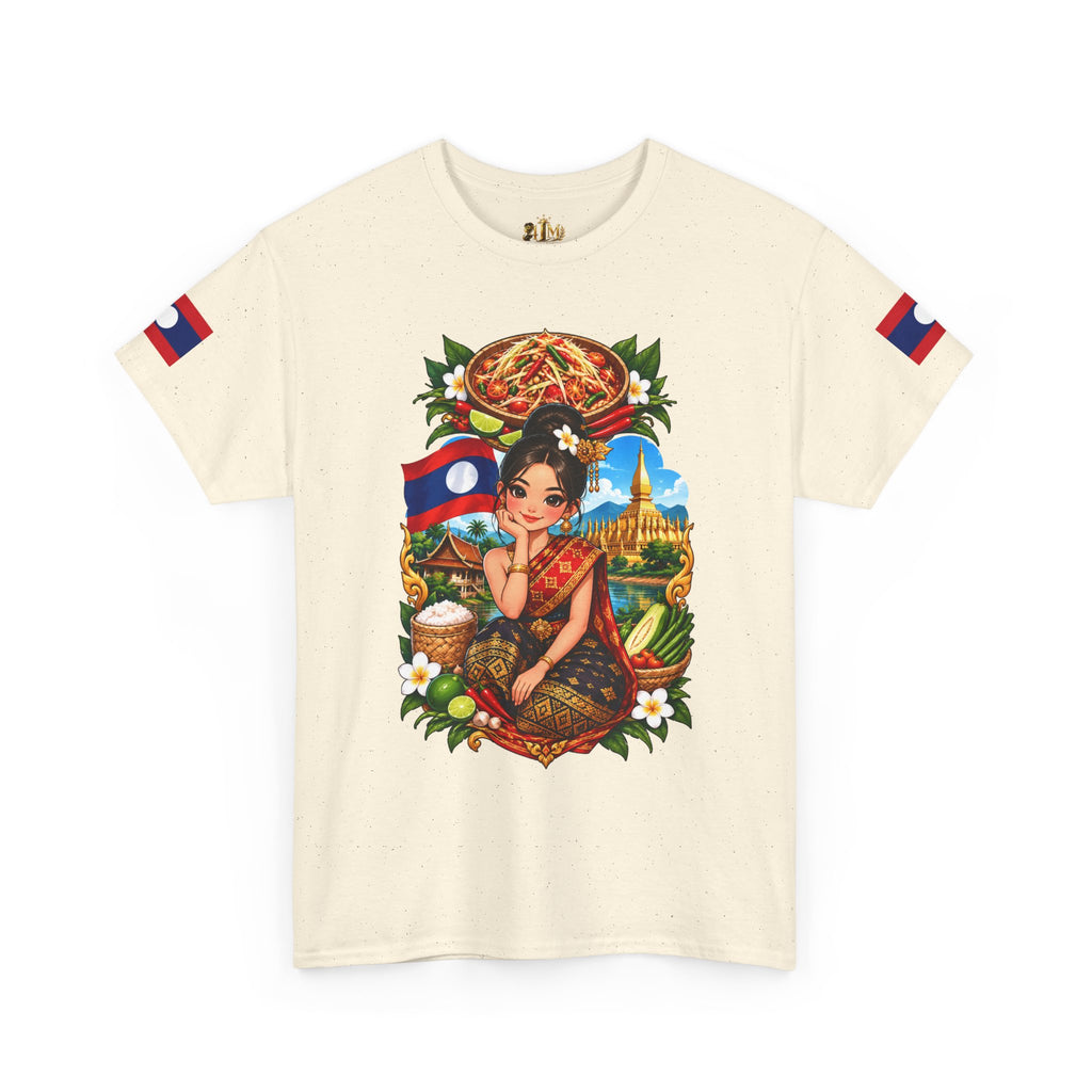 Laos Pride T‑Shirt — Traditional Lao Woman Illustration with Flag & Cultural Icons