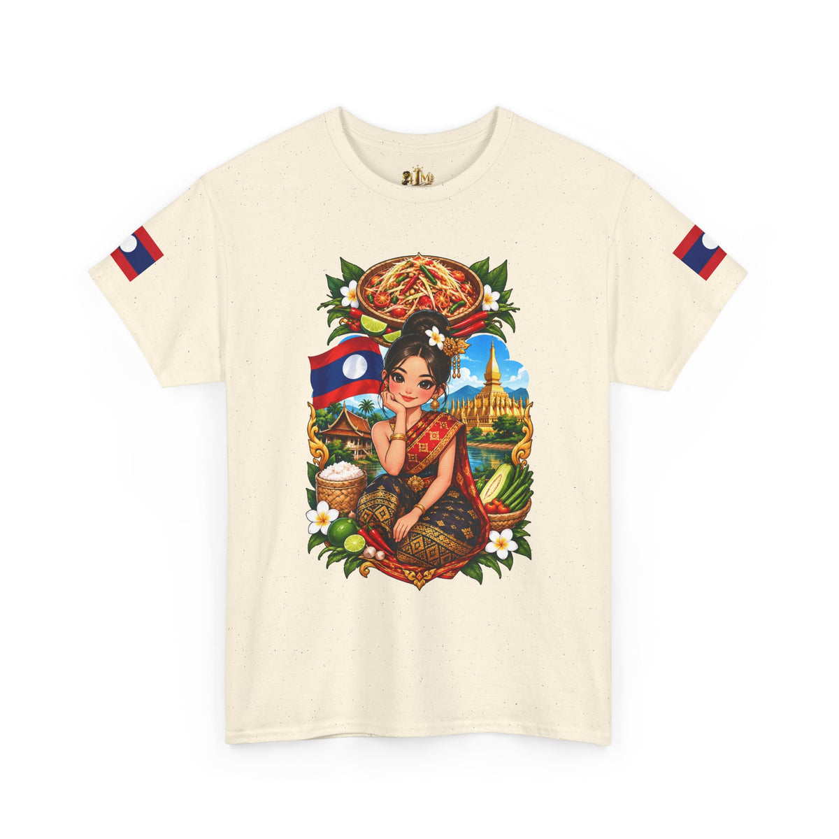 Laos Pride T‑Shirt — Traditional Lao Woman Illustration with Flag & Cultural Icons