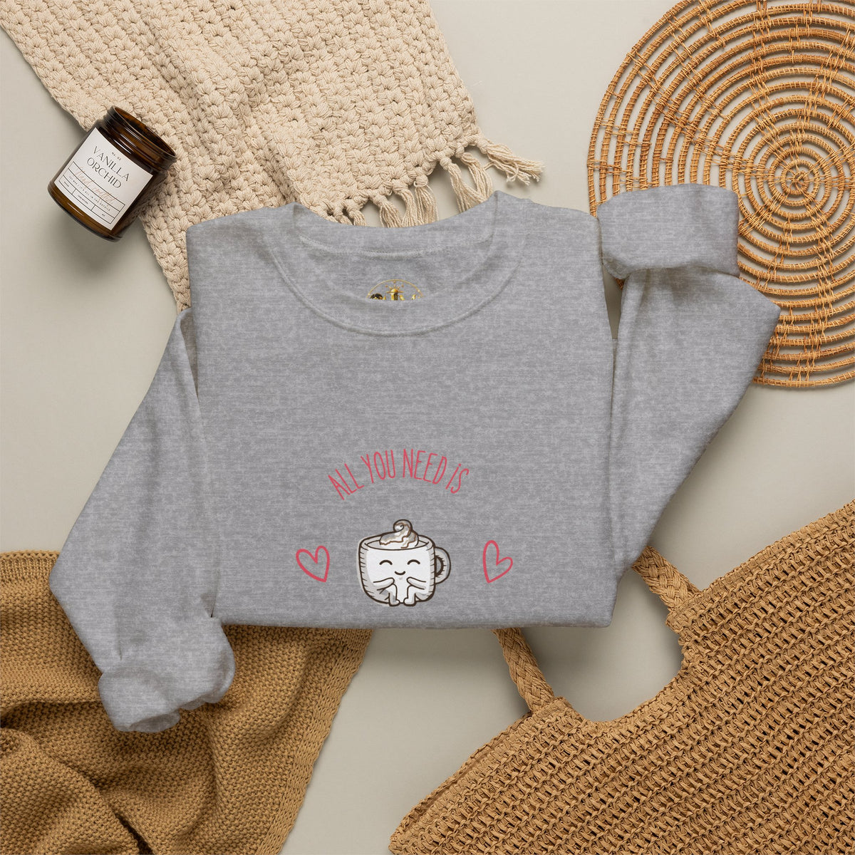 Crewneck Sweatshirt – “All You Need Is A Cup Of Coffee” Cute Kawaii Coffee Graphic