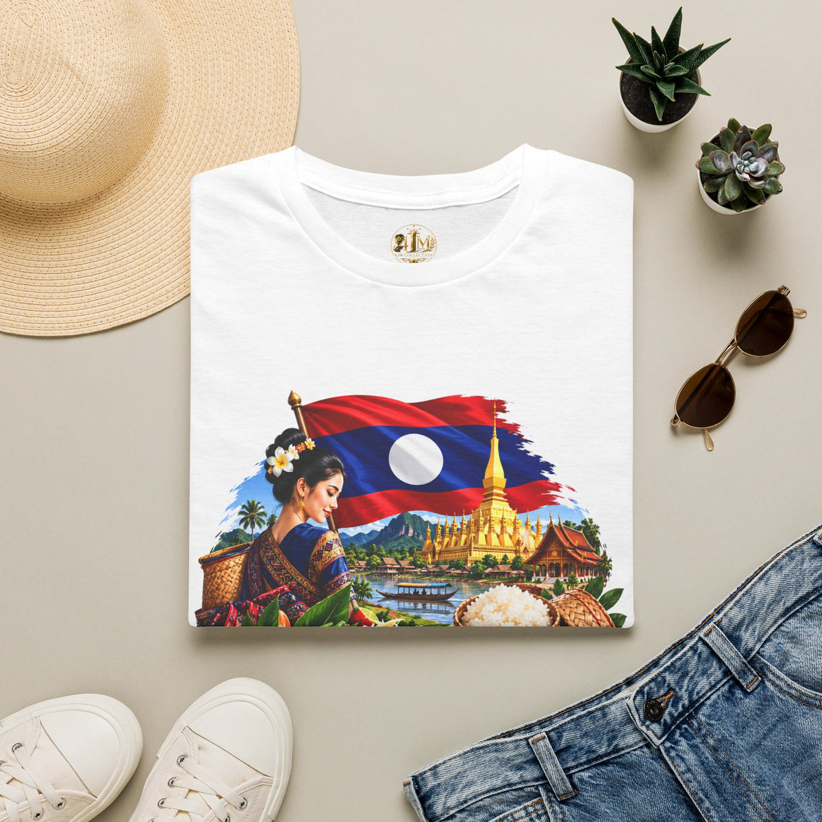 Laos Culture T-Shirt — Lao Flag, Temple & Traditional Cuisine Graphic Tee