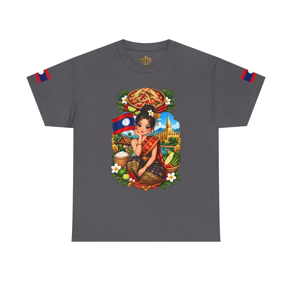 Laos Pride T‑Shirt — Traditional Lao Woman Illustration with Flag & Cultural Icons