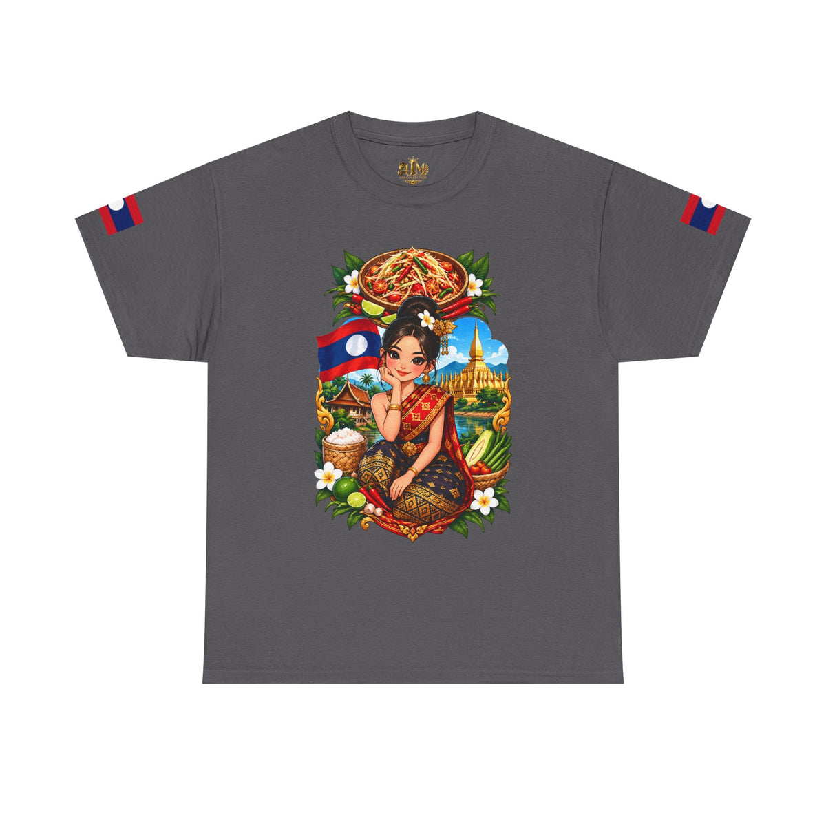 Laos Pride T‑Shirt — Traditional Lao Woman Illustration with Flag & Cultural Icons
