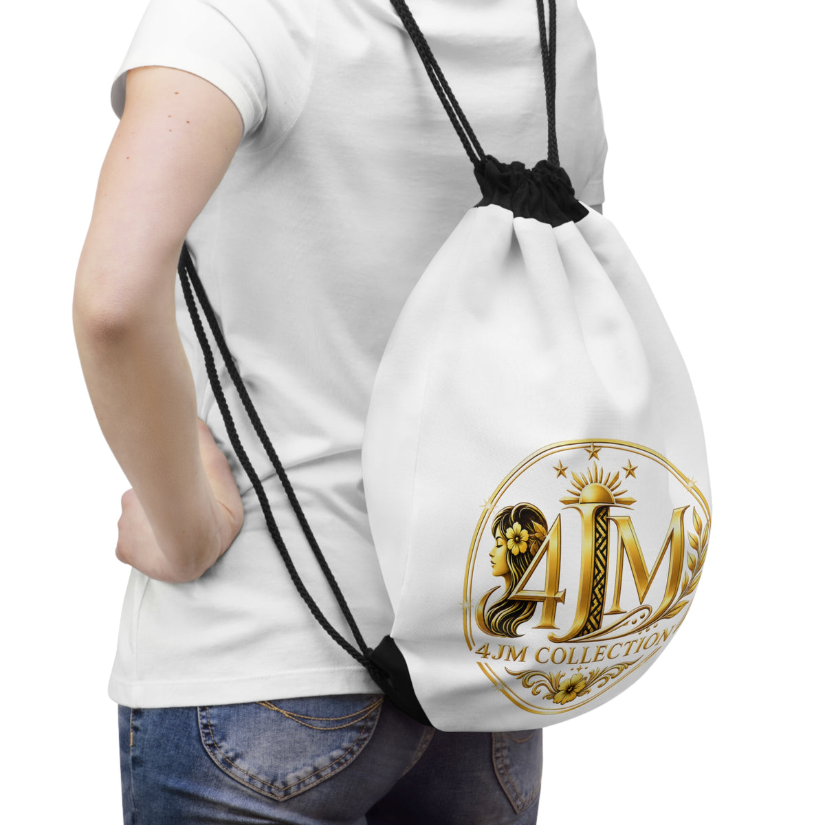 J&M Collection Gold Logo Drawstring Bag