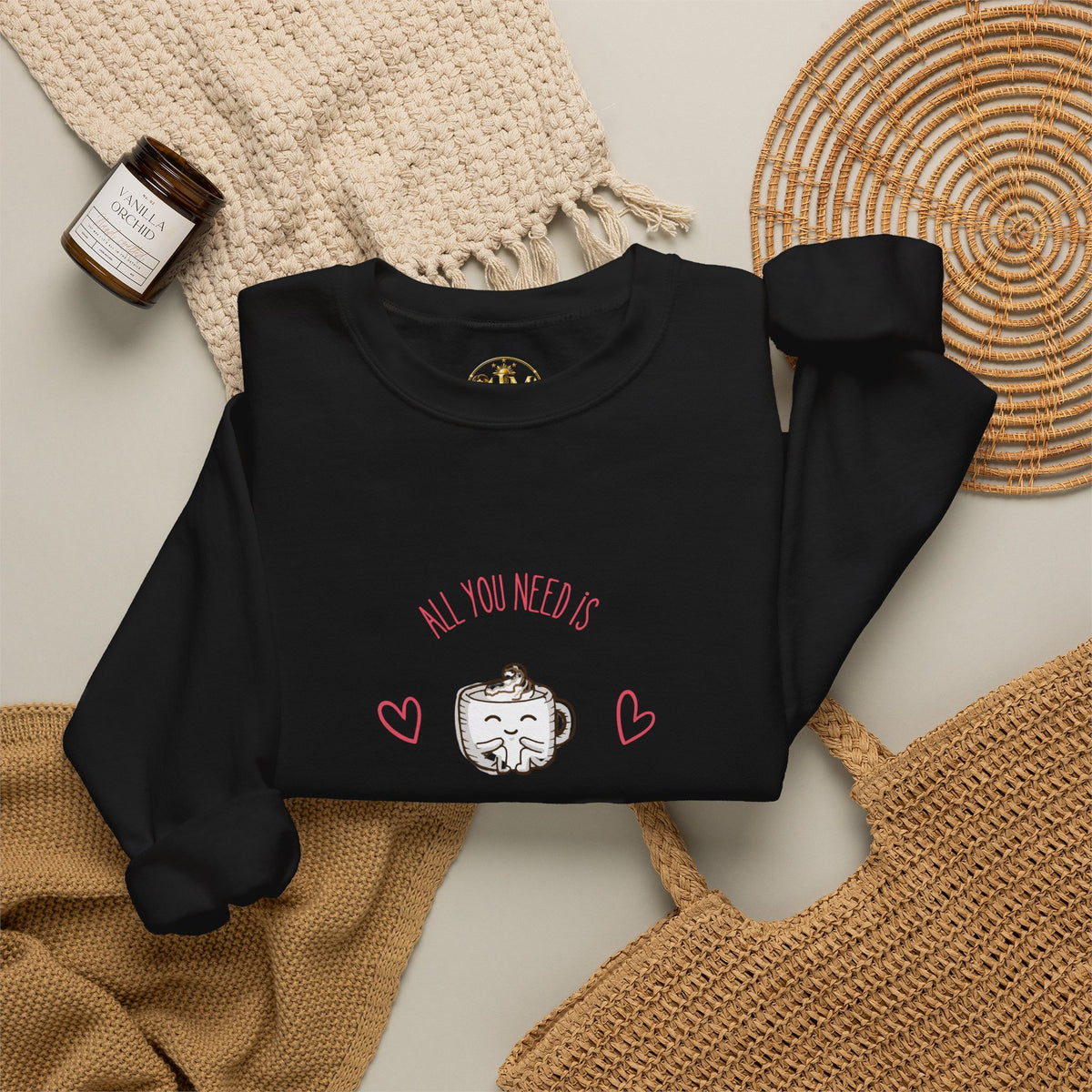 Crewneck Sweatshirt – “All You Need Is A Cup Of Coffee” Cute Kawaii Coffee Graphic