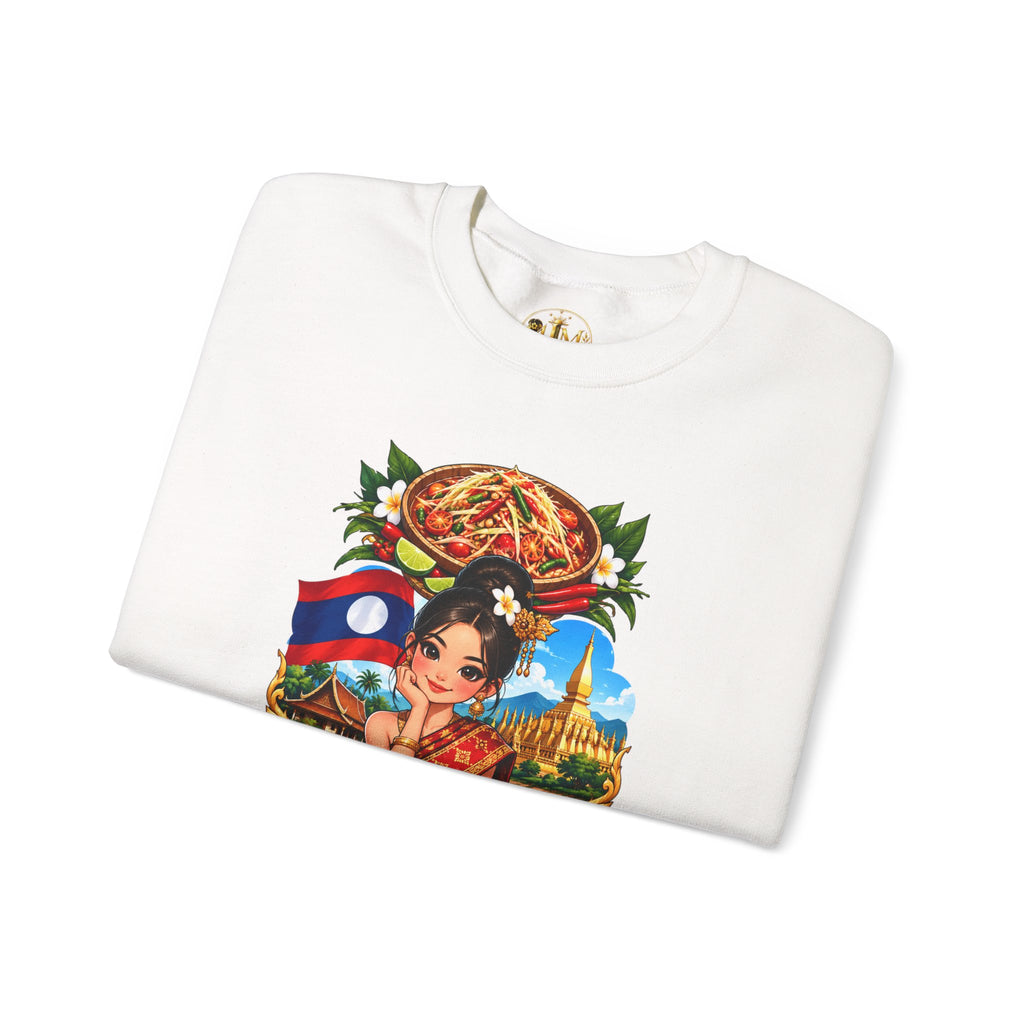 Laos Cultural Crewneck Sweatshirt — Traditional Lao Dancer & Flag Design