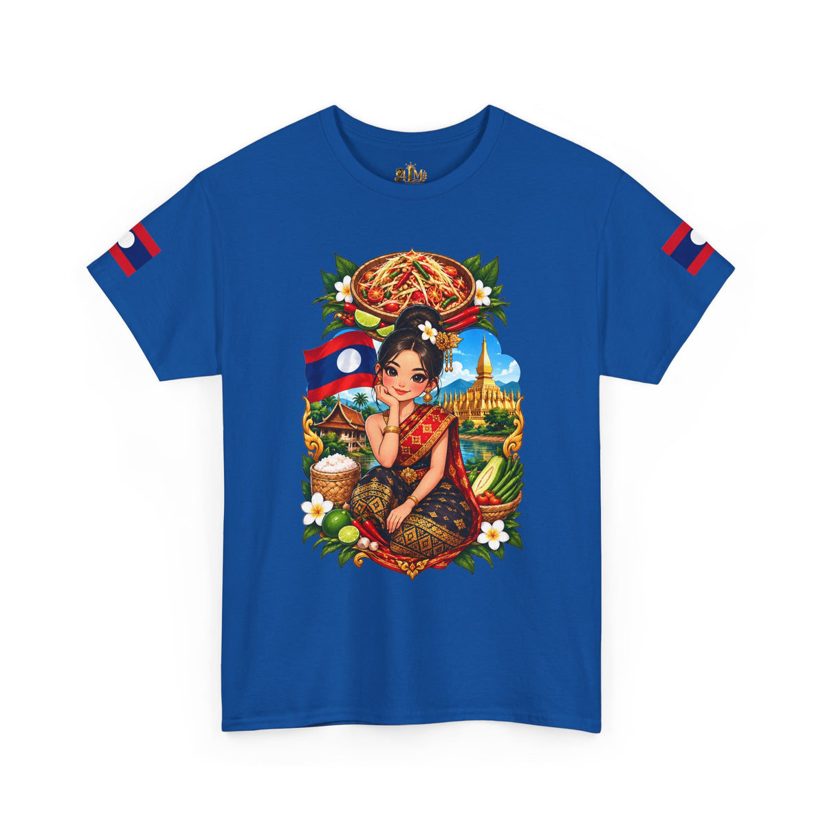 Laos Pride T‑Shirt — Traditional Lao Woman Illustration with Flag & Cultural Icons