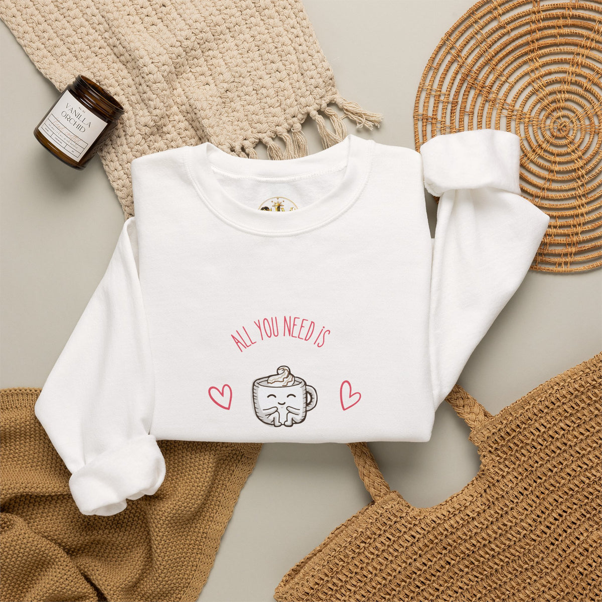 Crewneck Sweatshirt – “All You Need Is A Cup Of Coffee” Cute Kawaii Coffee Graphic