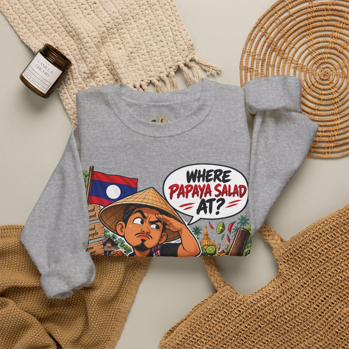 Crewneck Sweatshirt — "Where Papaya Salad At?" Lao Street Food Graphic