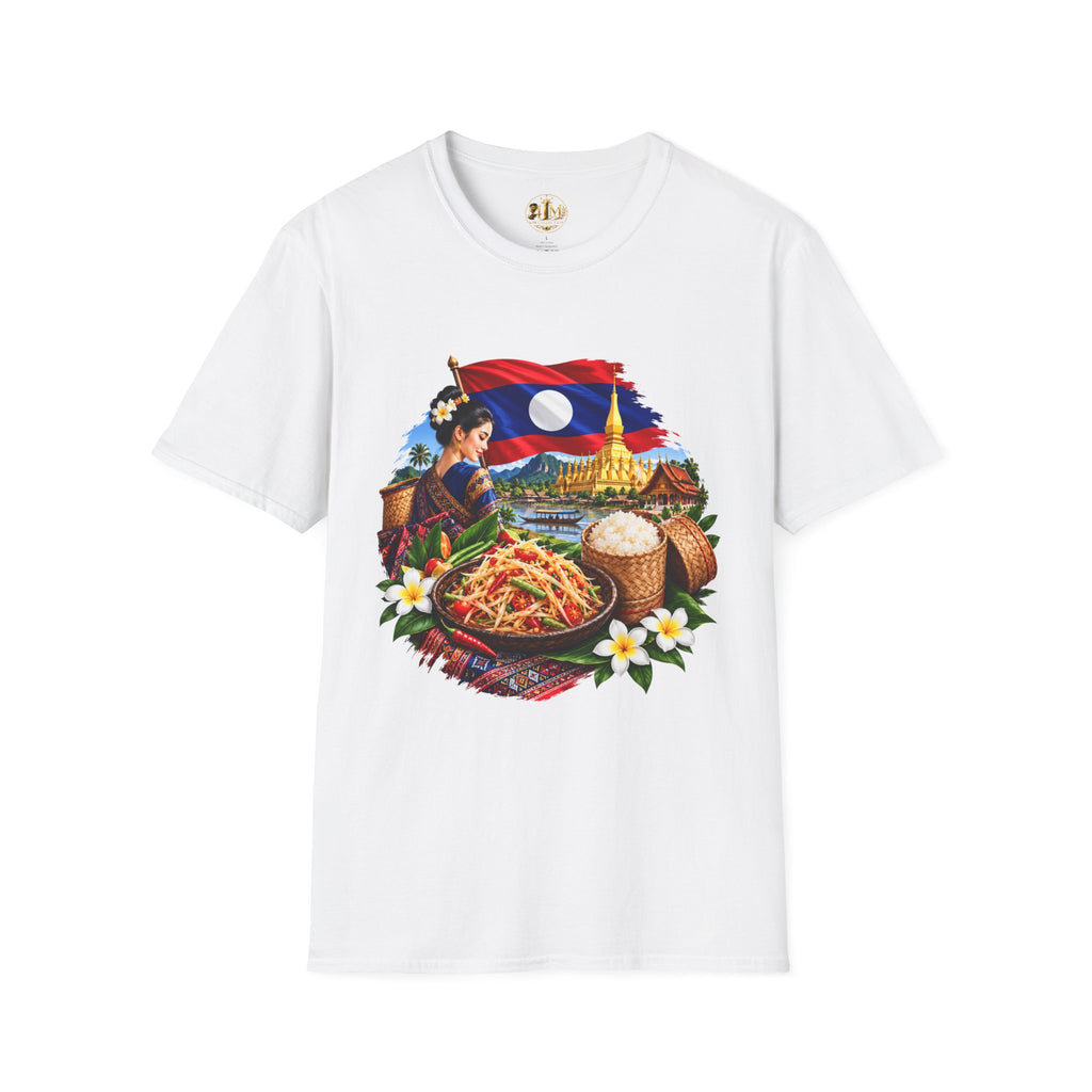 Laos Culture T-Shirt — Lao Flag, Temple & Traditional Cuisine Graphic Tee