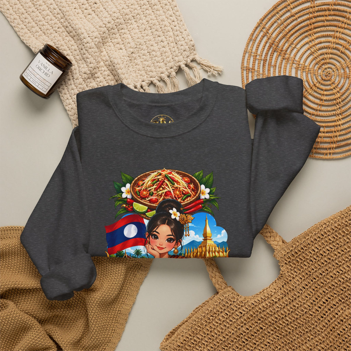 Laos Cultural Crewneck Sweatshirt — Traditional Lao Dancer & Flag Design