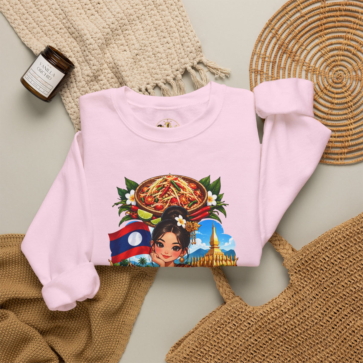 Laos Cultural Crewneck Sweatshirt — Traditional Lao Dancer & Flag Design
