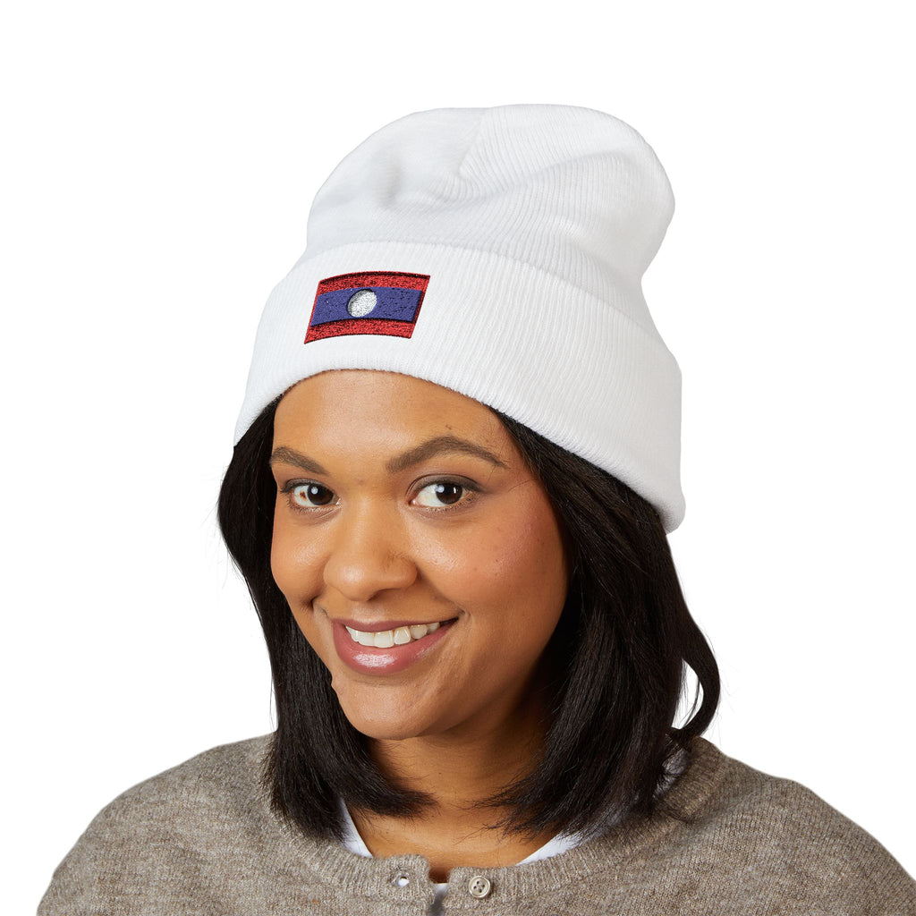 Laos Flag Embroidered Beanie — Classic Cuffed Knit Hat