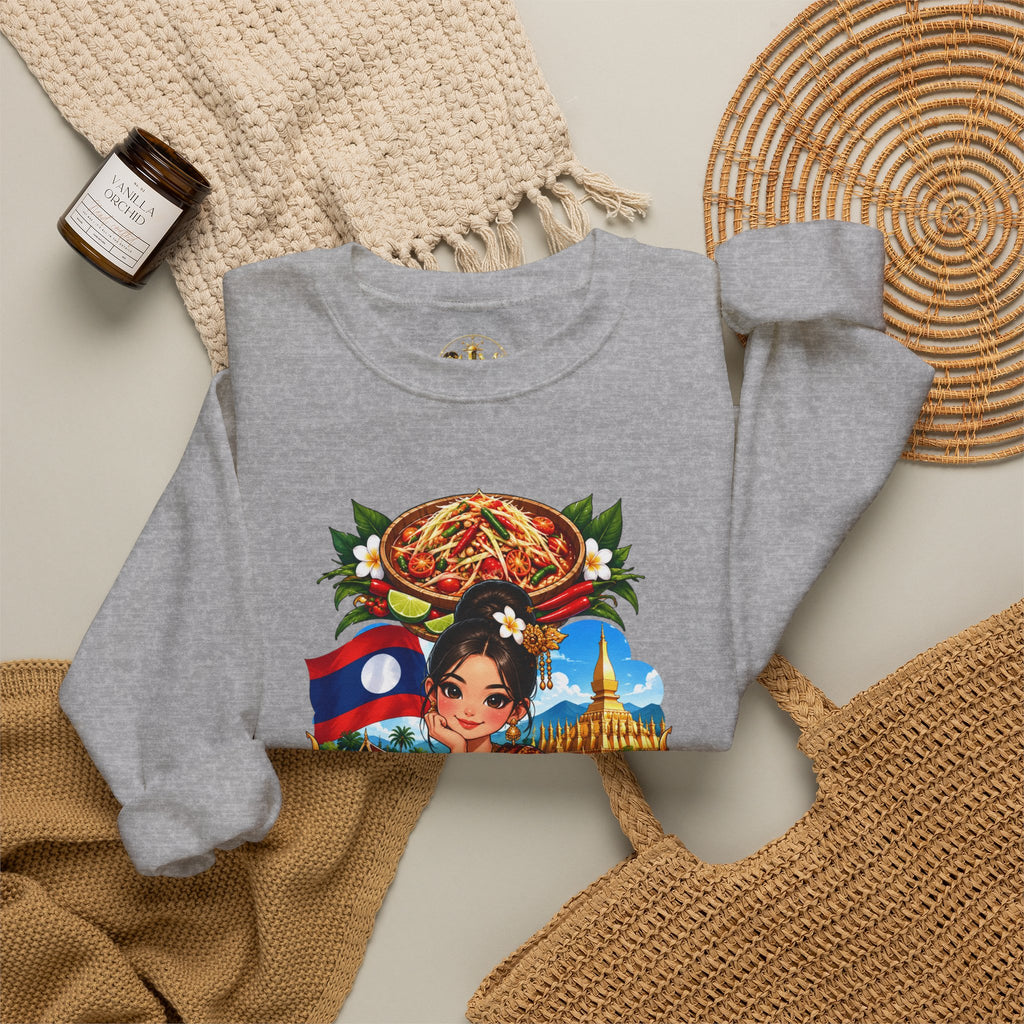 Laos Cultural Crewneck Sweatshirt — Traditional Lao Dancer & Flag Design
