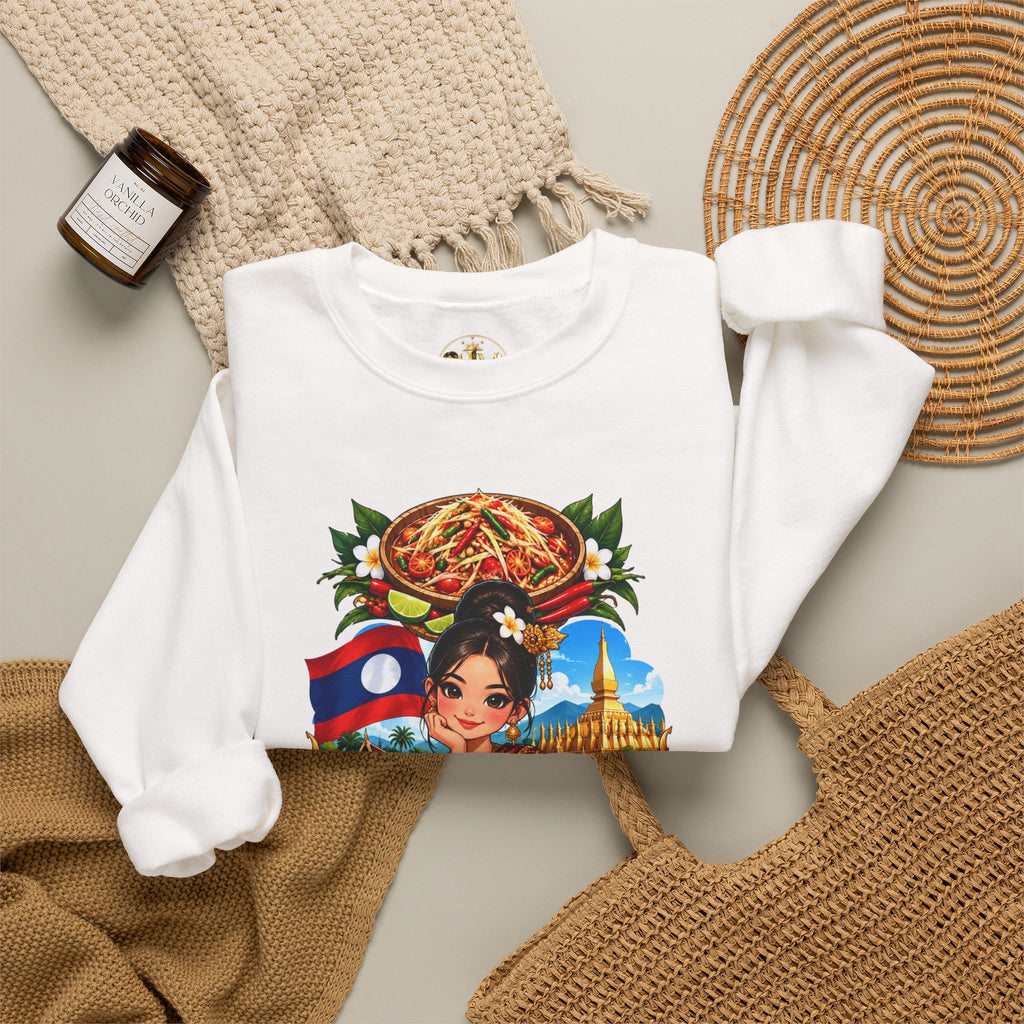 Laos Cultural Crewneck Sweatshirt — Traditional Lao Dancer & Flag Design