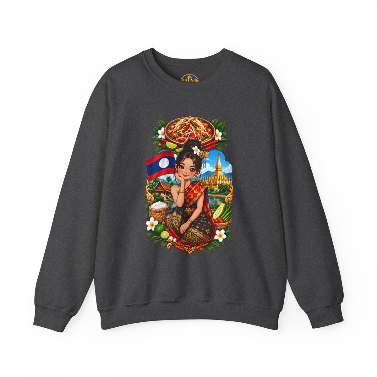 Laos Cultural Crewneck Sweatshirt — Traditional Lao Dancer & Flag Design