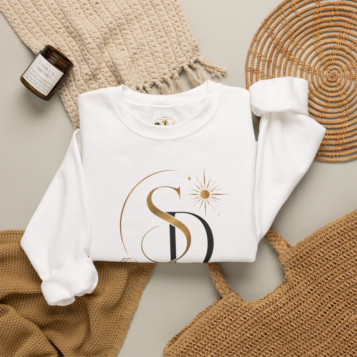 Solei Lignment Logo Crewneck Sweatshirt — Minimal Gold Moon & Star Graphic
