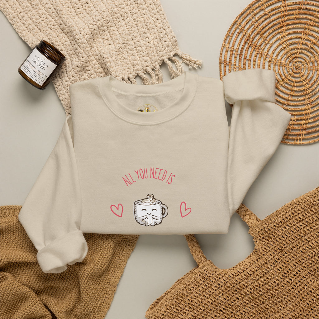 Crewneck Sweatshirt – “All You Need Is A Cup Of Coffee” Cute Kawaii Coffee Graphic