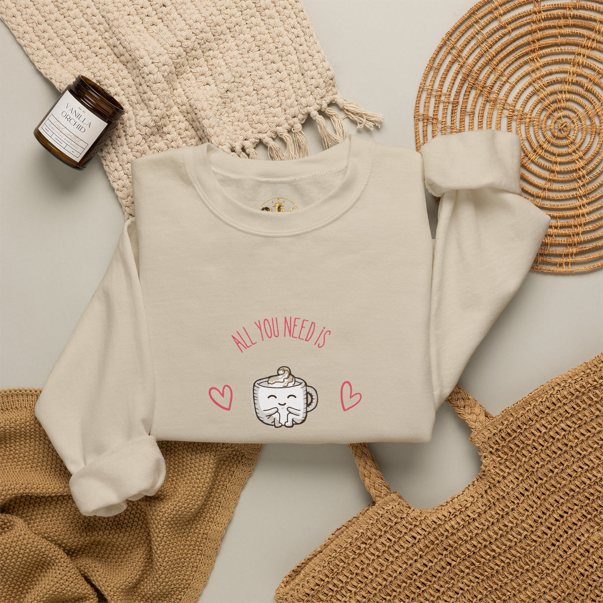 Crewneck Sweatshirt – “All You Need Is A Cup Of Coffee” Cute Kawaii Coffee Graphic