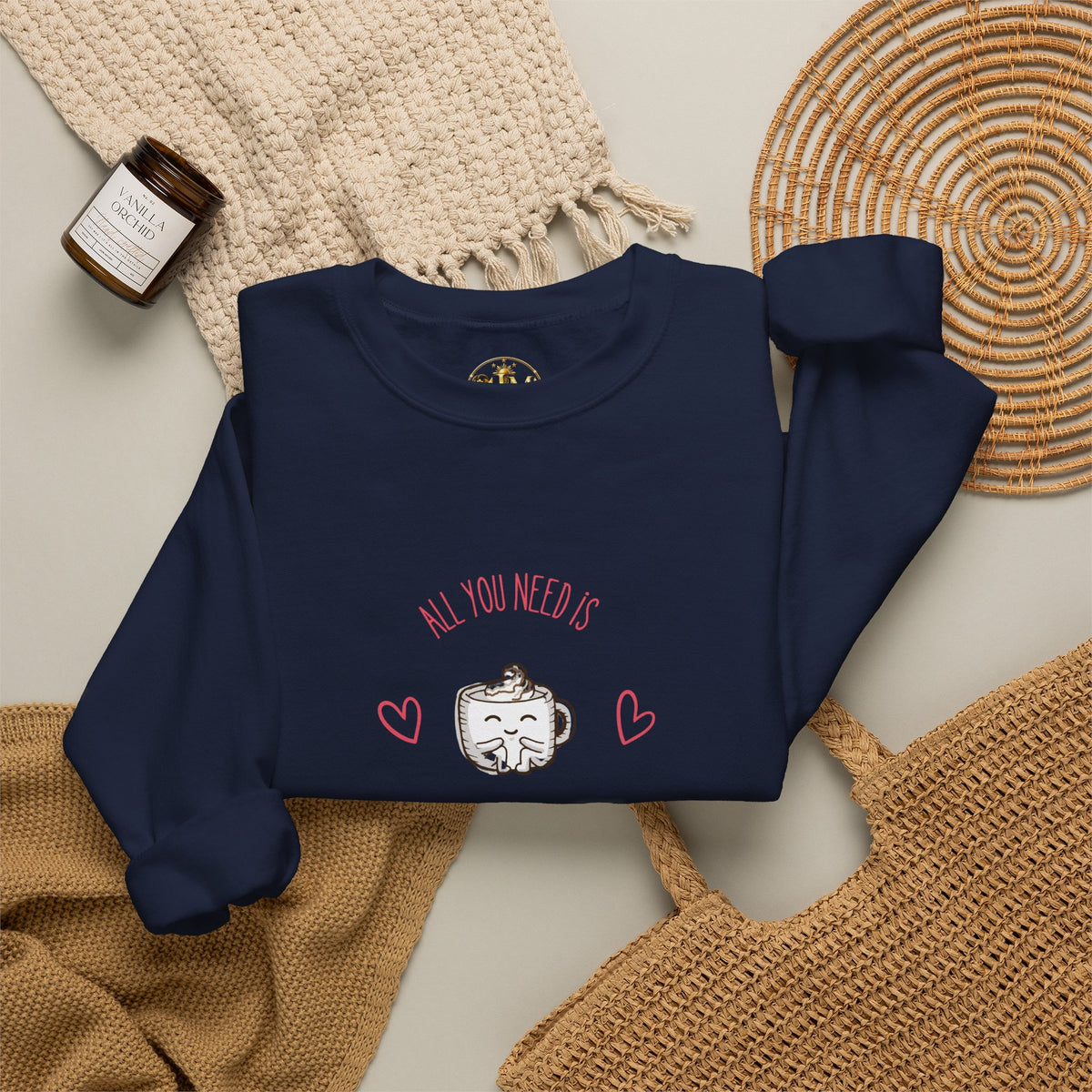 Crewneck Sweatshirt – “All You Need Is A Cup Of Coffee” Cute Kawaii Coffee Graphic