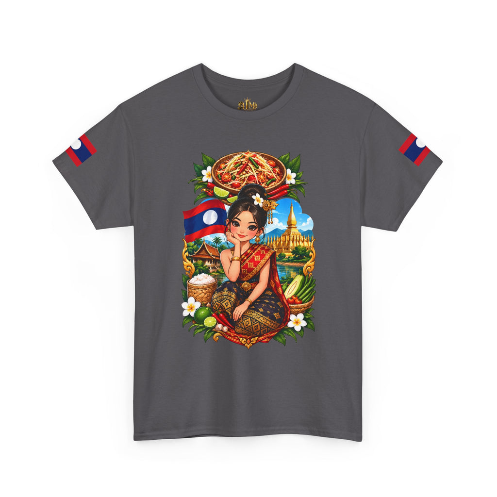 Laos Pride T‑Shirt — Traditional Lao Woman Illustration with Flag & Cultural Icons