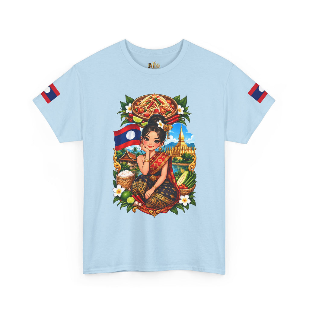 Laos Pride T‑Shirt — Traditional Lao Woman Illustration with Flag & Cultural Icons