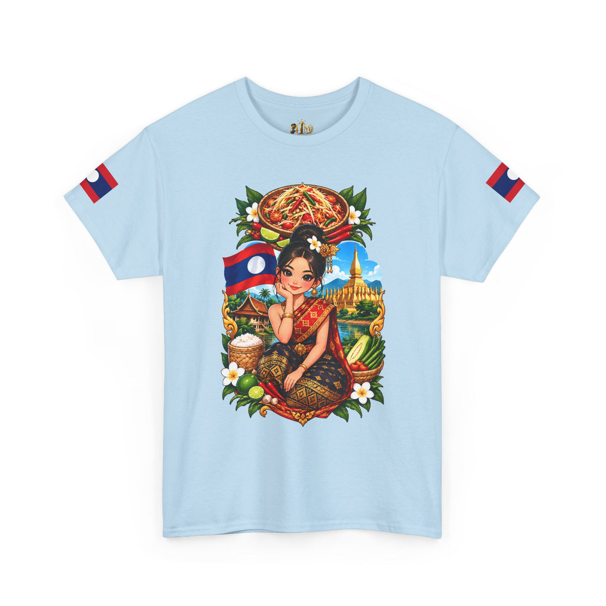 Laos Pride T‑Shirt — Traditional Lao Woman Illustration with Flag & Cultural Icons