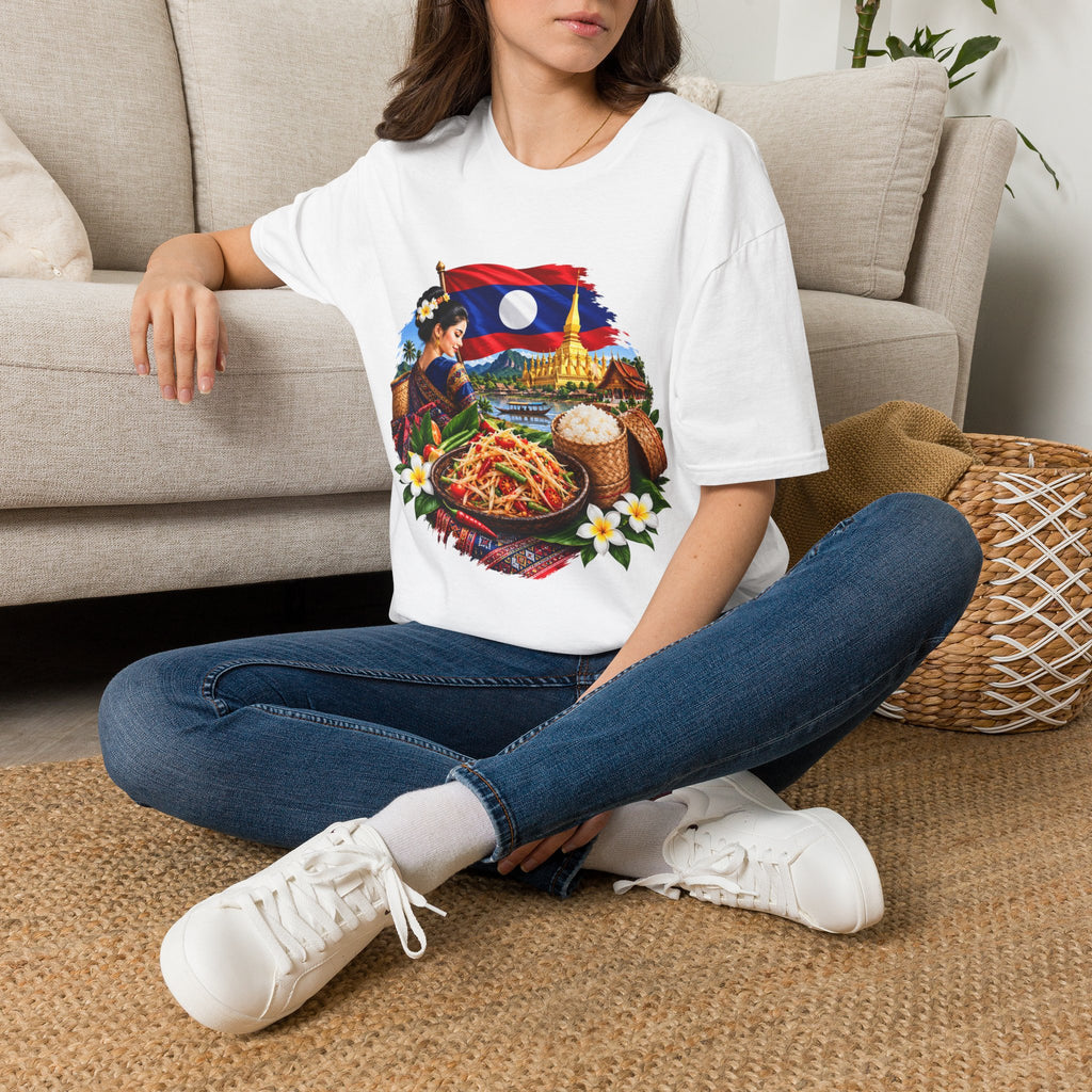 Laos Culture T-Shirt — Lao Flag, Temple & Traditional Cuisine Graphic Tee