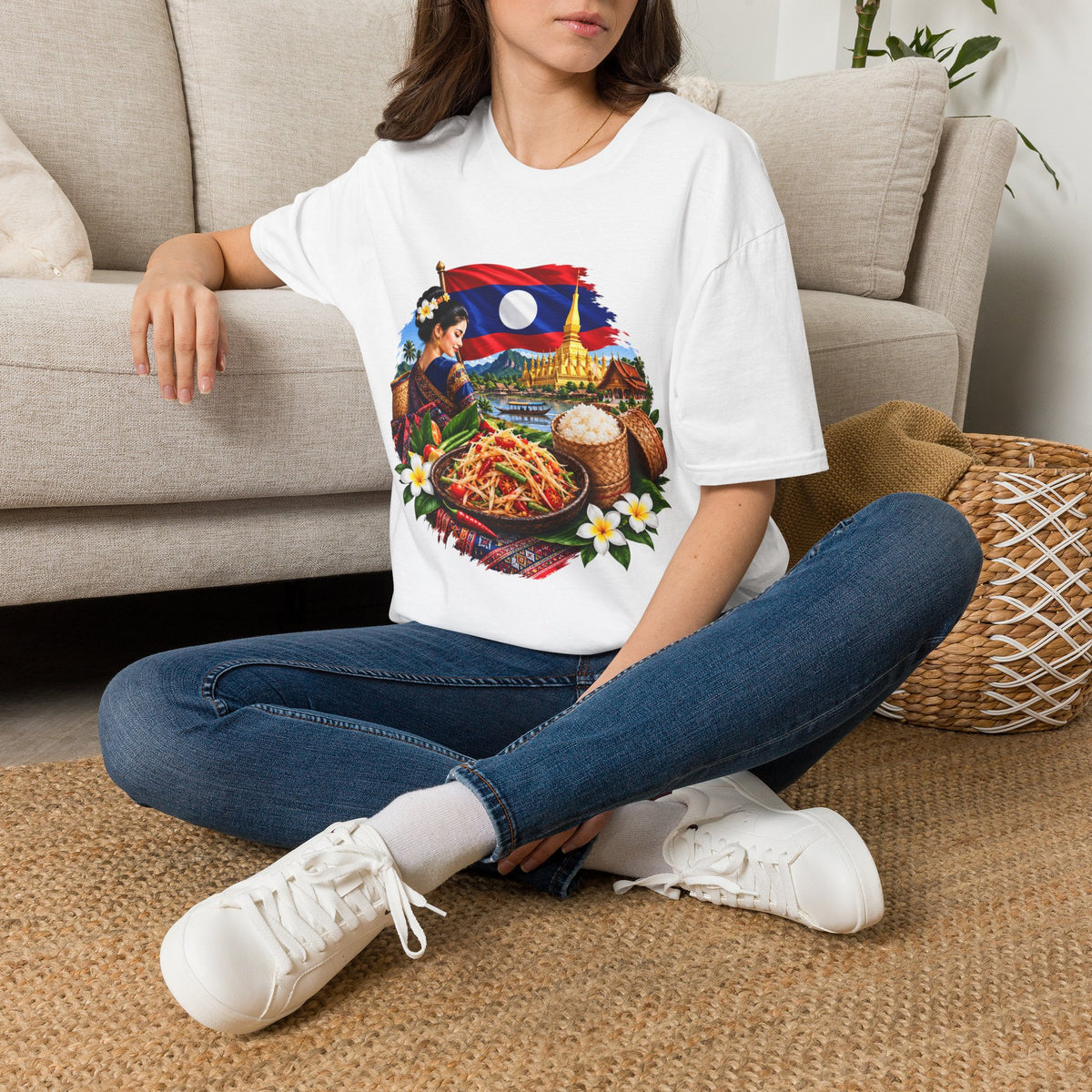 Laos Culture T-Shirt — Lao Flag, Temple & Traditional Cuisine Graphic Tee