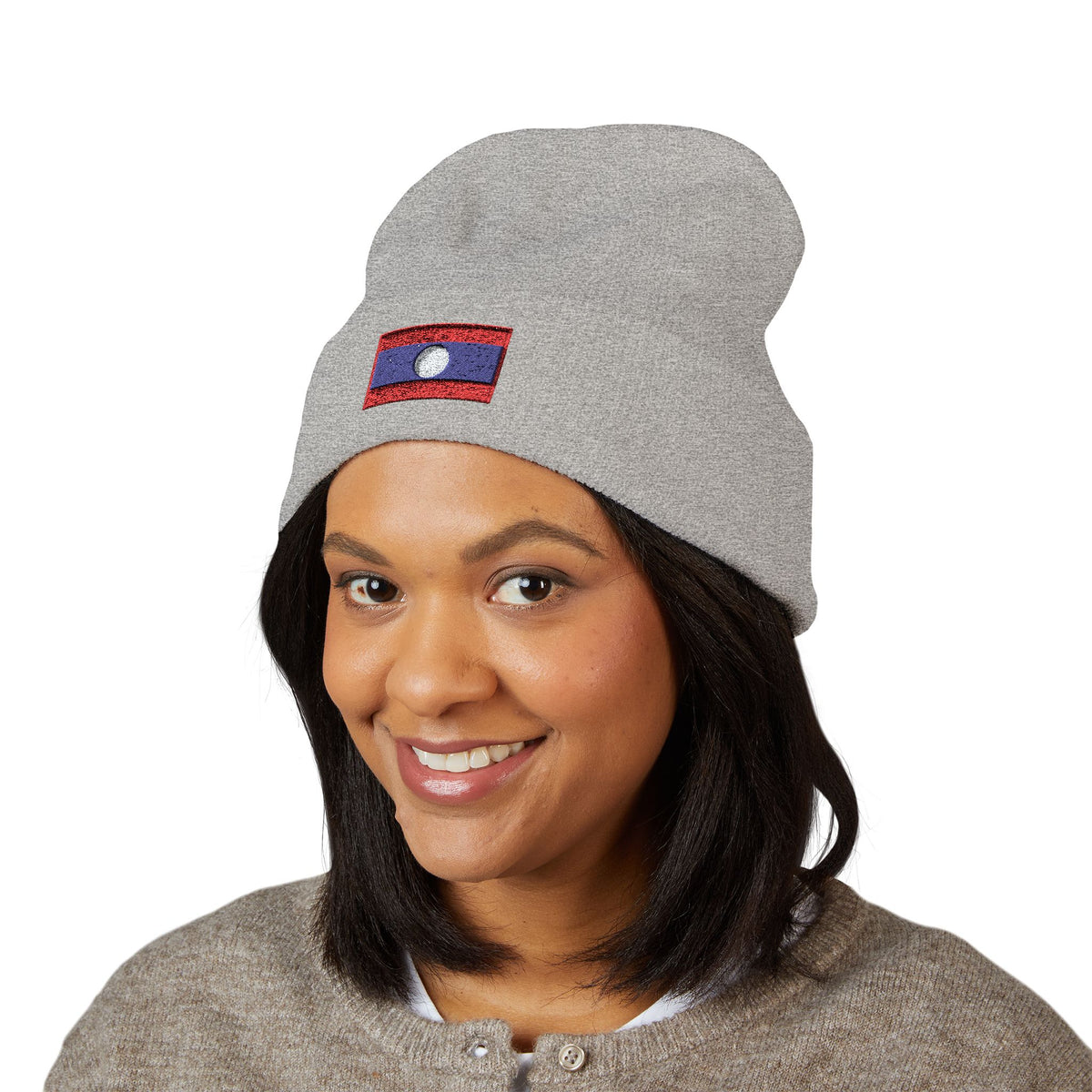 Laos Flag Embroidered Beanie — Classic Cuffed Knit Hat