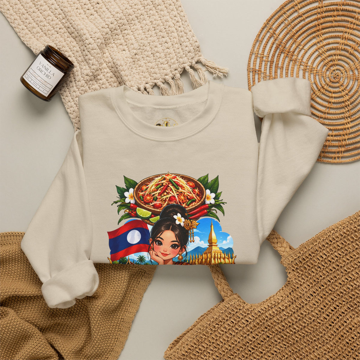 Laos Cultural Crewneck Sweatshirt — Traditional Lao Dancer & Flag Design
