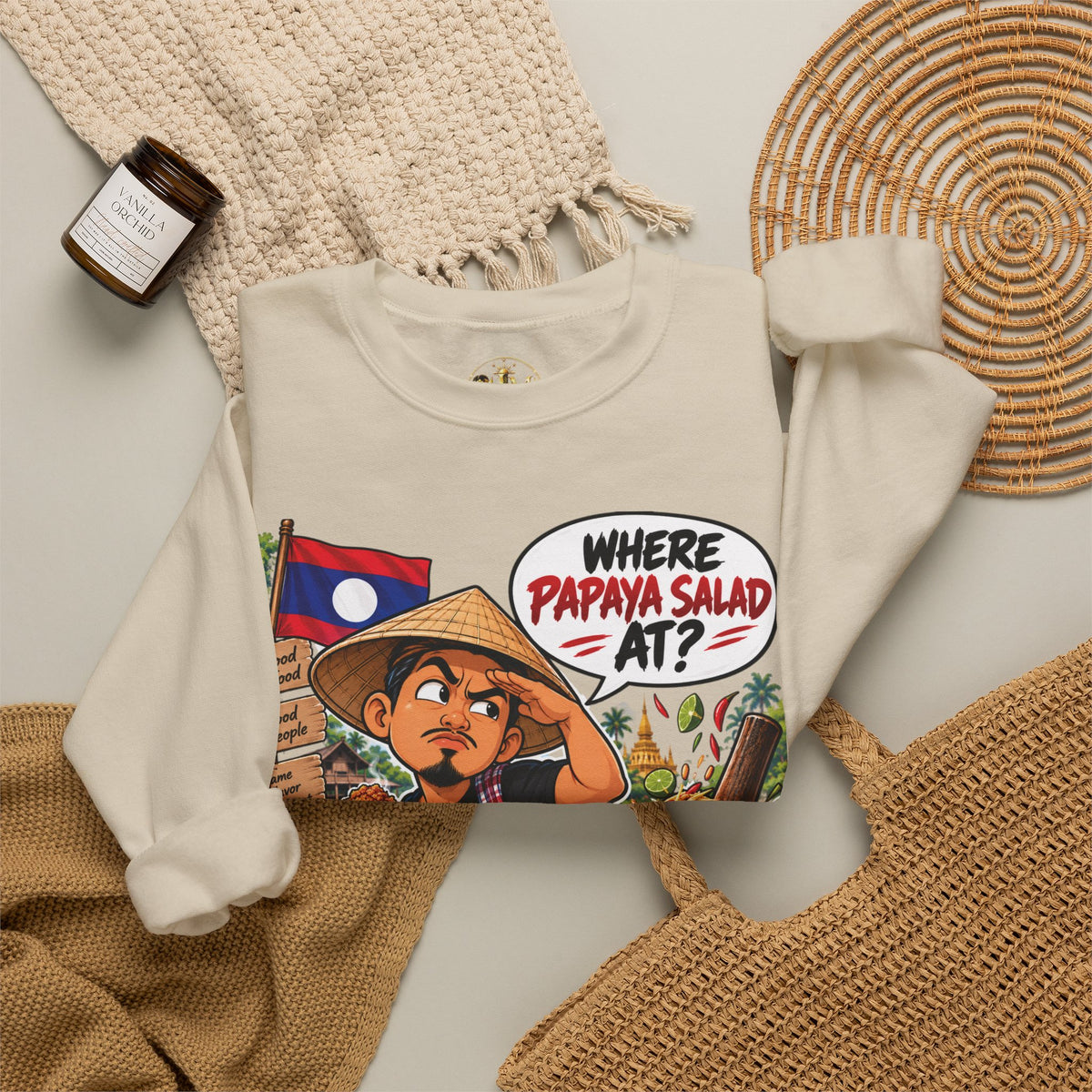 Crewneck Sweatshirt — "Where Papaya Salad At?" Lao Street Food Graphic
