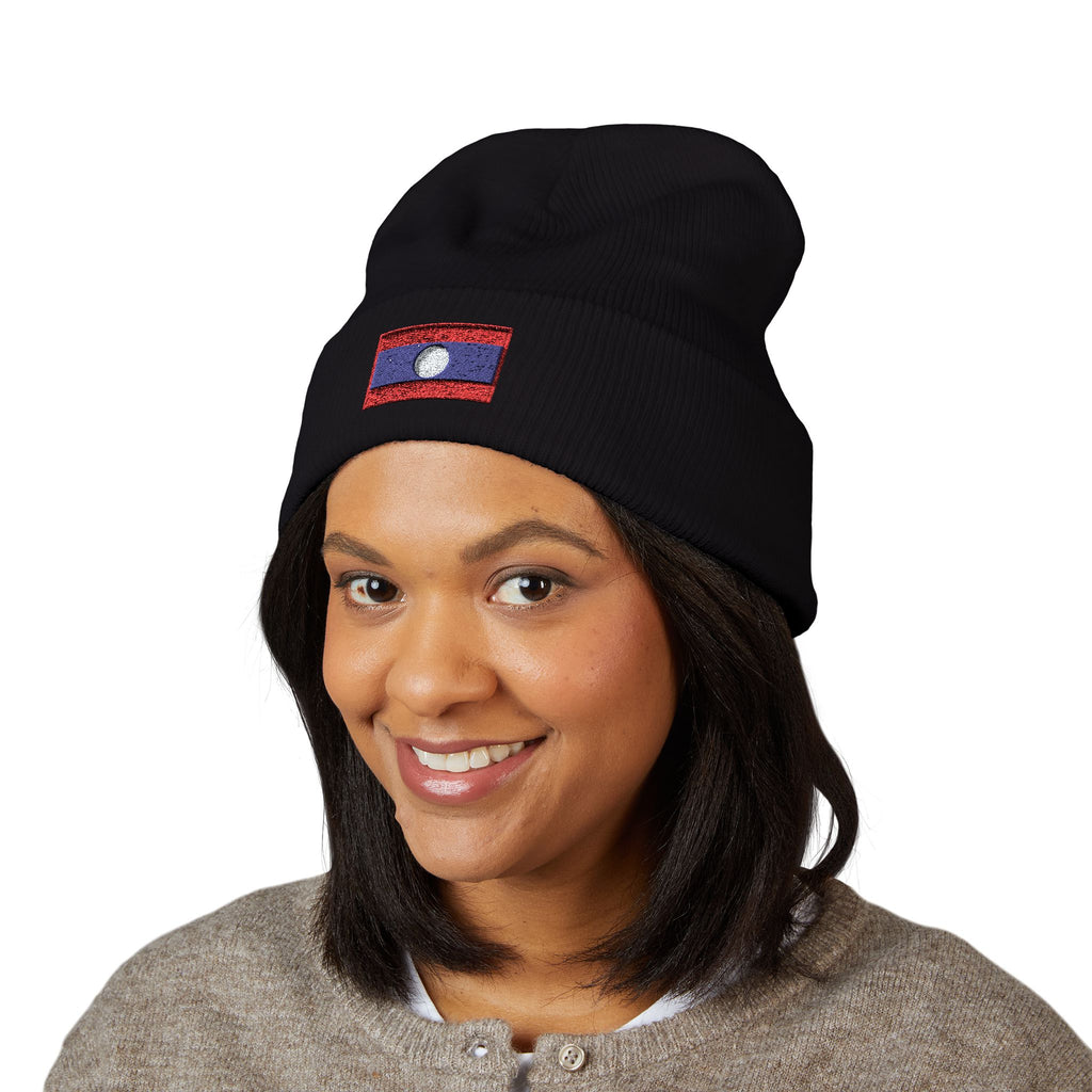 Laos Flag Embroidered Beanie — Classic Cuffed Knit Hat