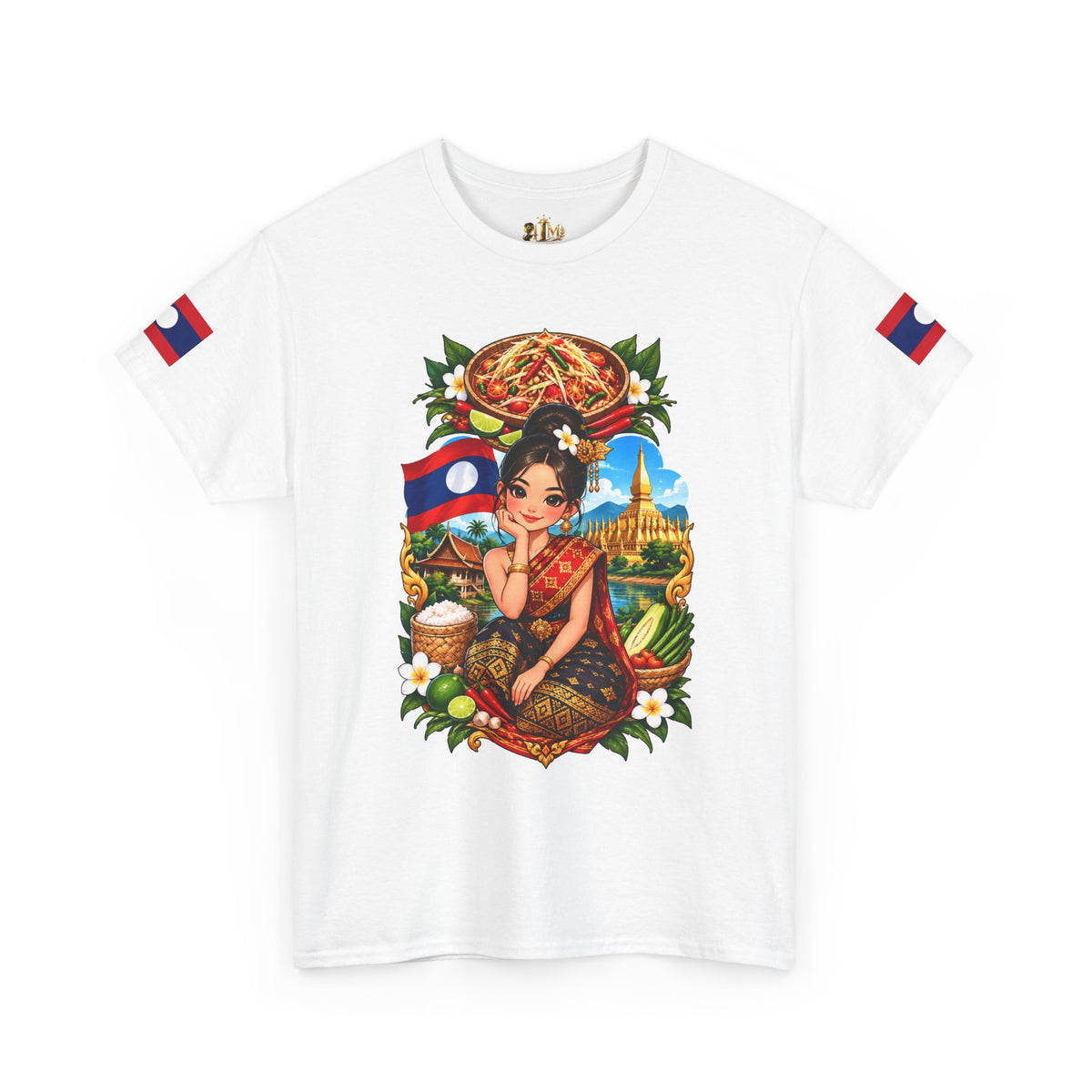Laos Pride T‑Shirt — Traditional Lao Woman Illustration with Flag & Cultural Icons