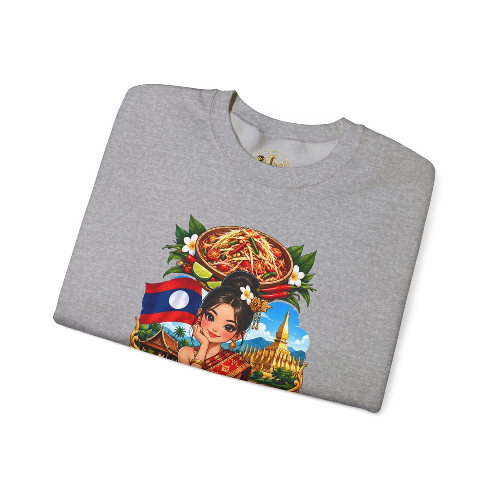 Laos Cultural Crewneck Sweatshirt — Traditional Lao Dancer & Flag Design