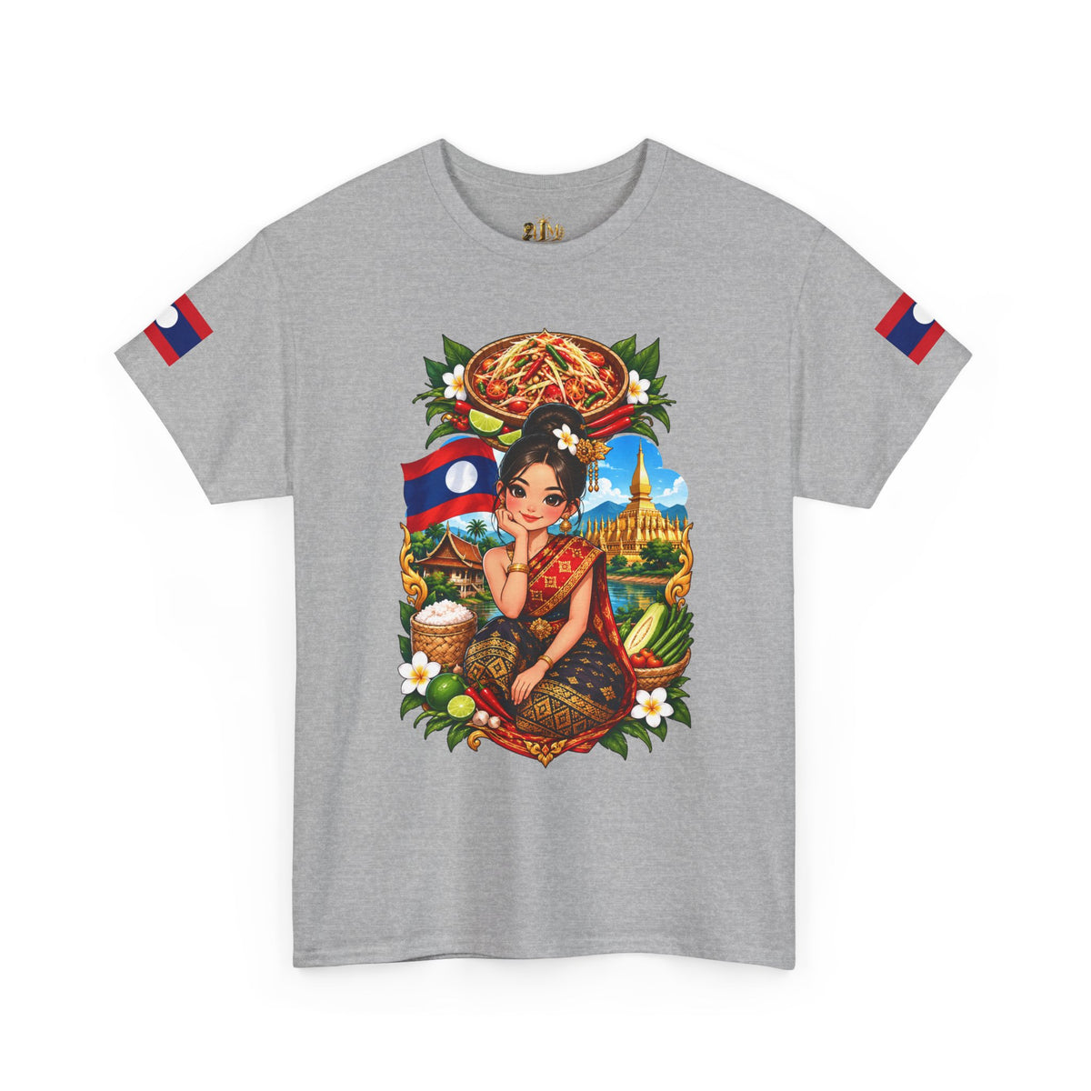 Laos Pride T‑Shirt — Traditional Lao Woman Illustration with Flag & Cultural Icons