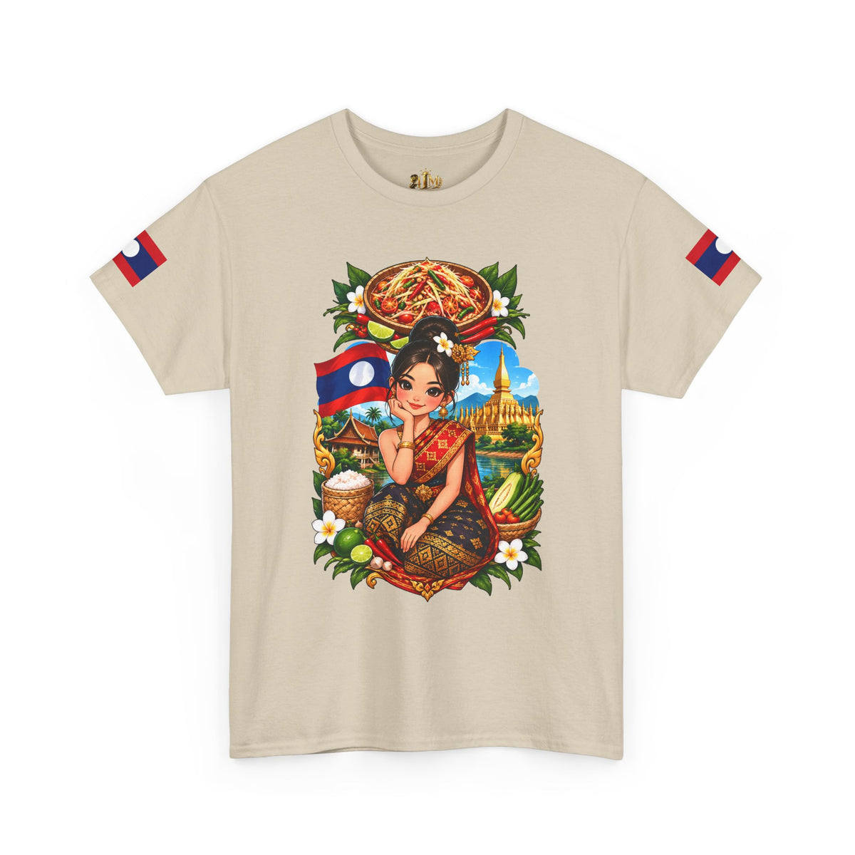 Laos Pride T‑Shirt — Traditional Lao Woman Illustration with Flag & Cultural Icons