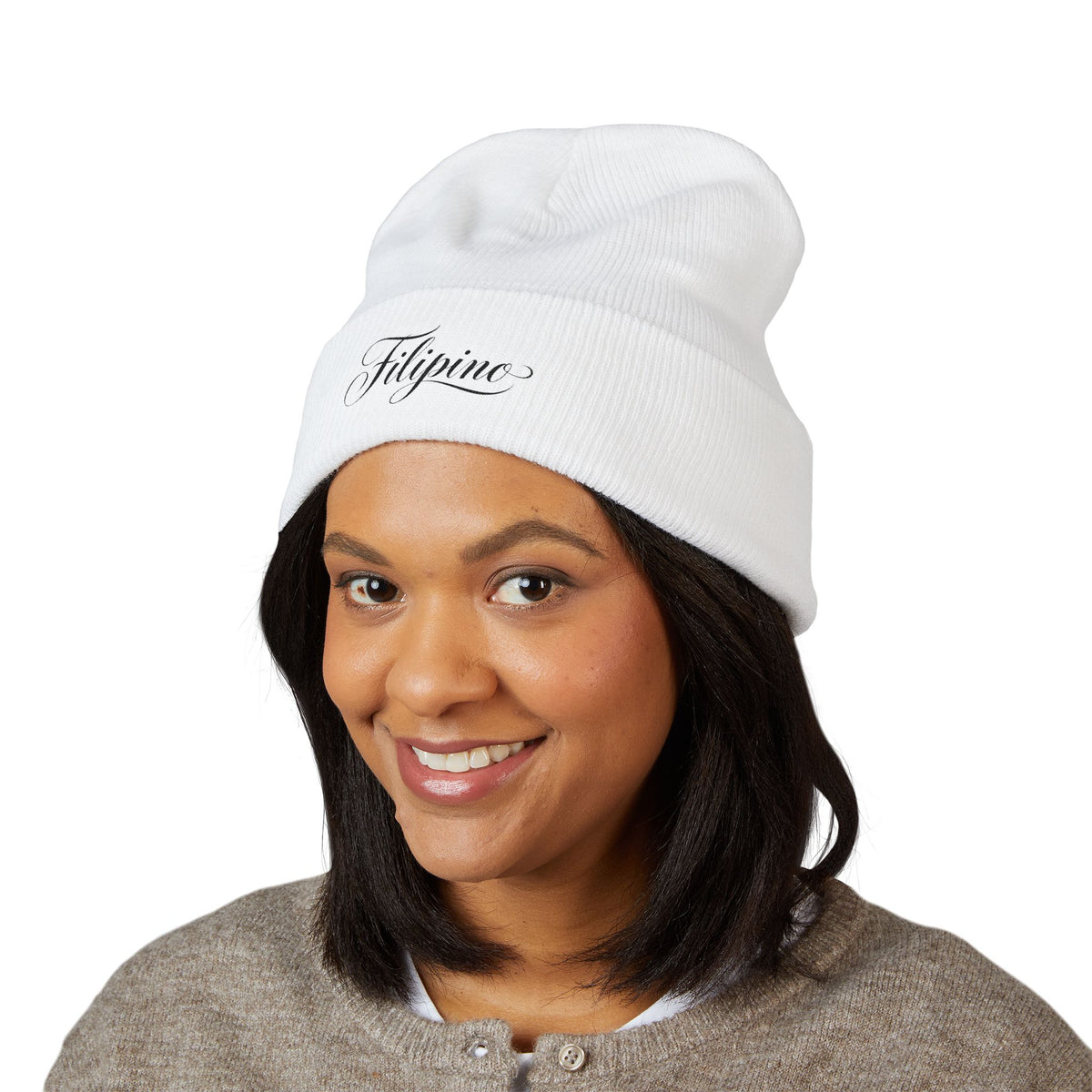 Filipino Script Cuffed Beanie — Embroidered Heritage Knit Hat
