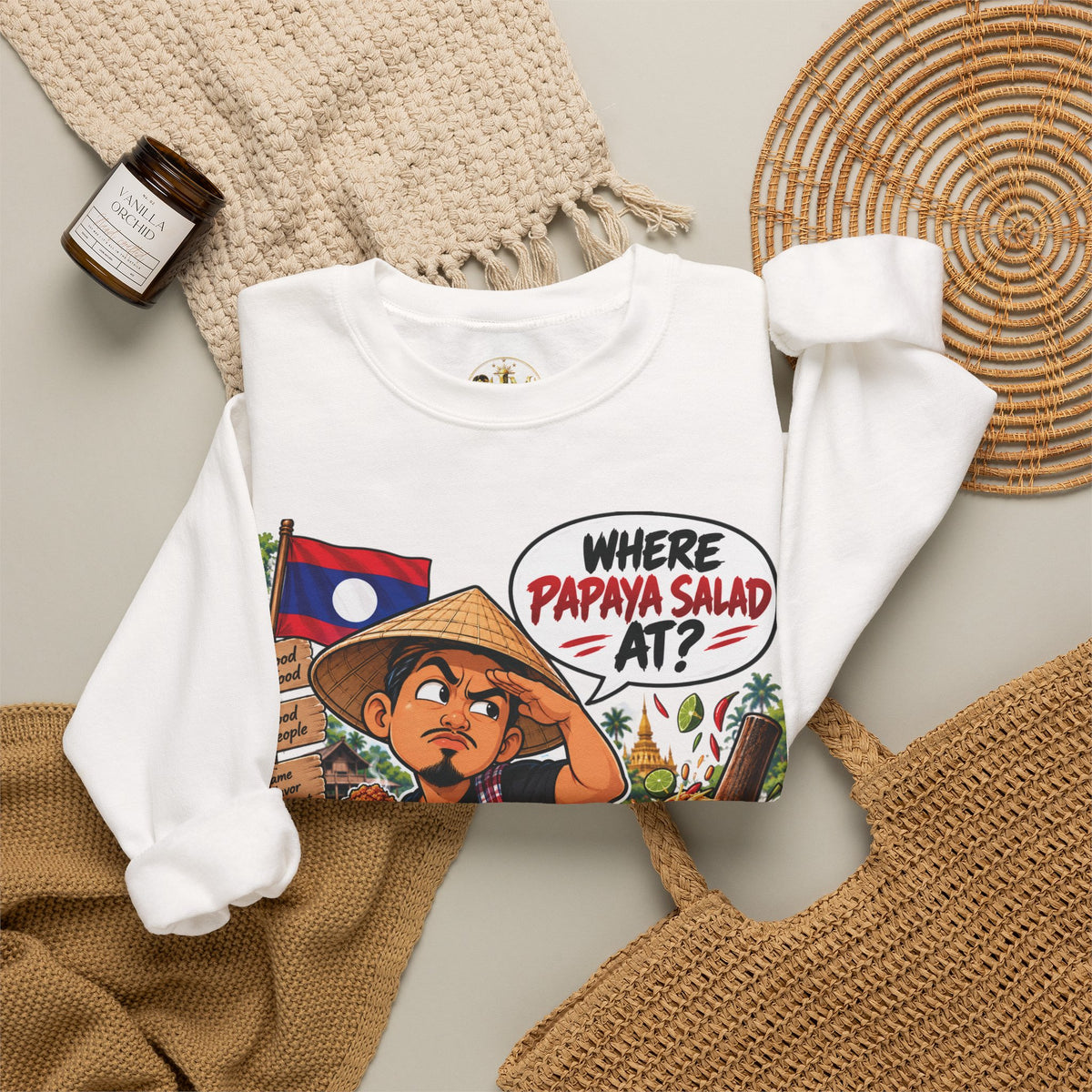 Crewneck Sweatshirt — "Where Papaya Salad At?" Lao Street Food Graphic
