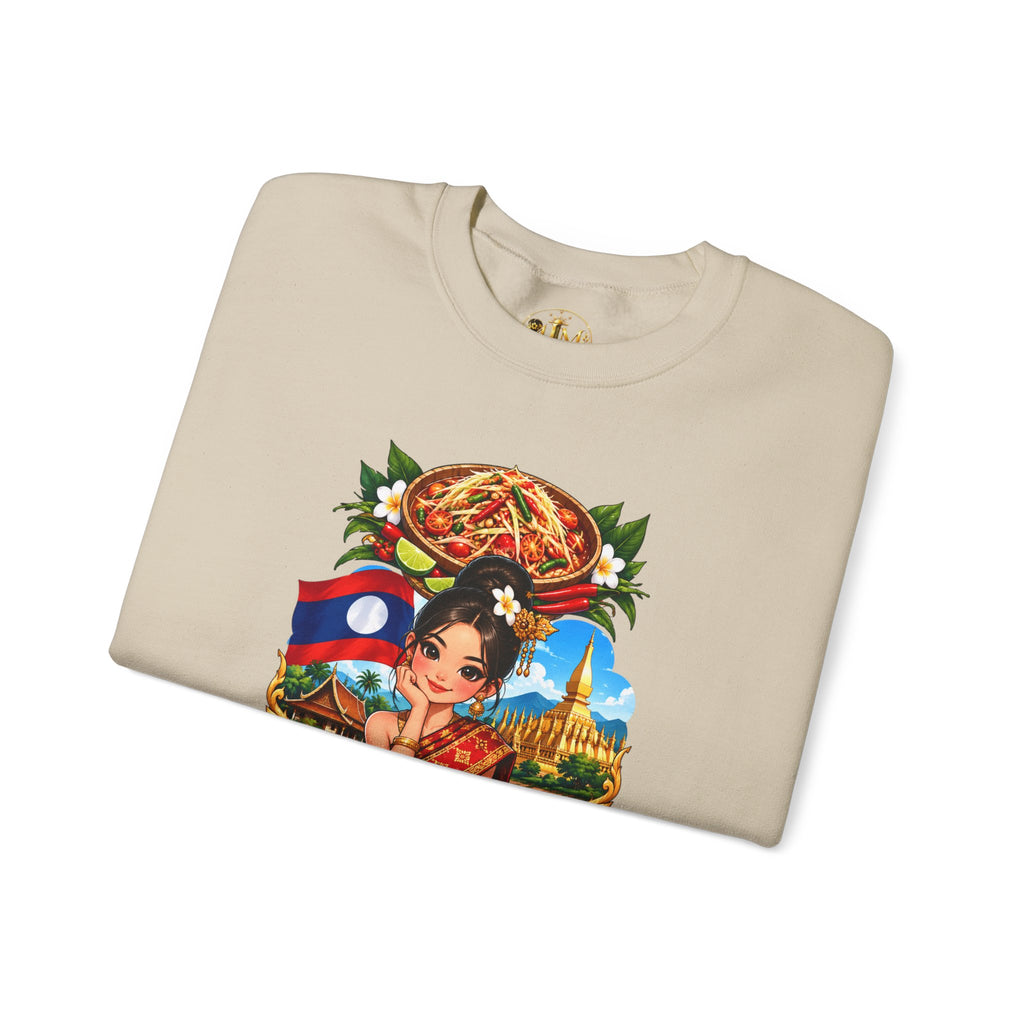 Laos Cultural Crewneck Sweatshirt — Traditional Lao Dancer & Flag Design