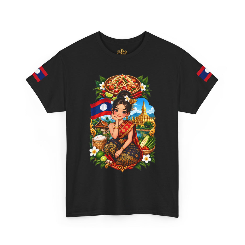 Laos Pride T‑Shirt — Traditional Lao Woman Illustration with Flag & Cultural Icons