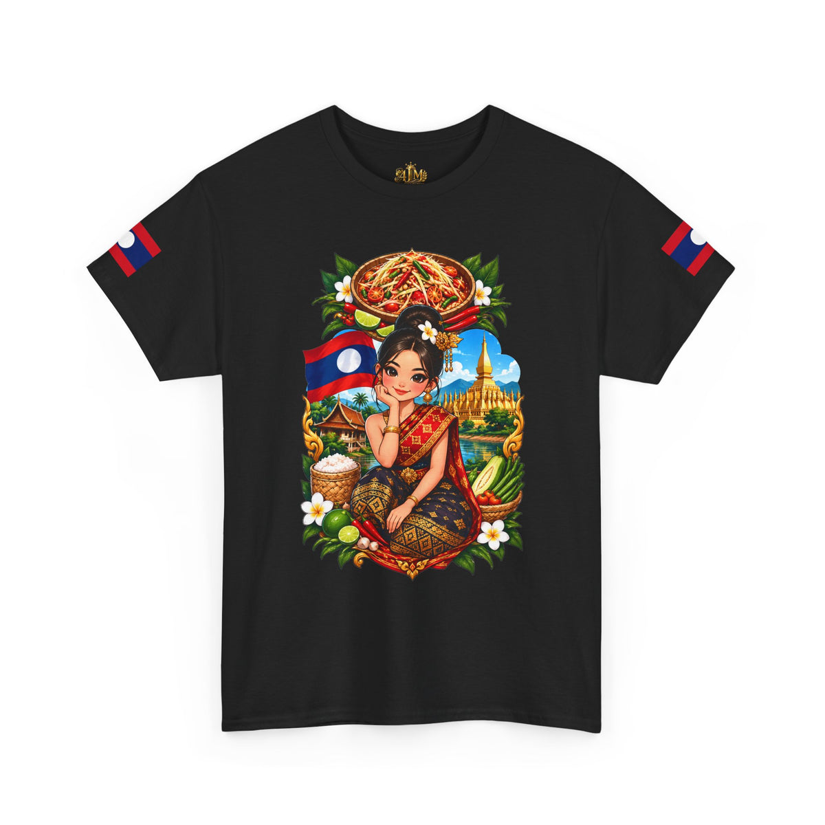 Laos Pride T‑Shirt — Traditional Lao Woman Illustration with Flag & Cultural Icons